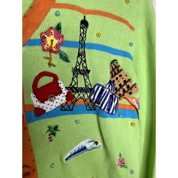 1990s Berek Lime Green World Travel Fashion Glam Maximalist Tourist Cardigan S - Picture 3 of 8